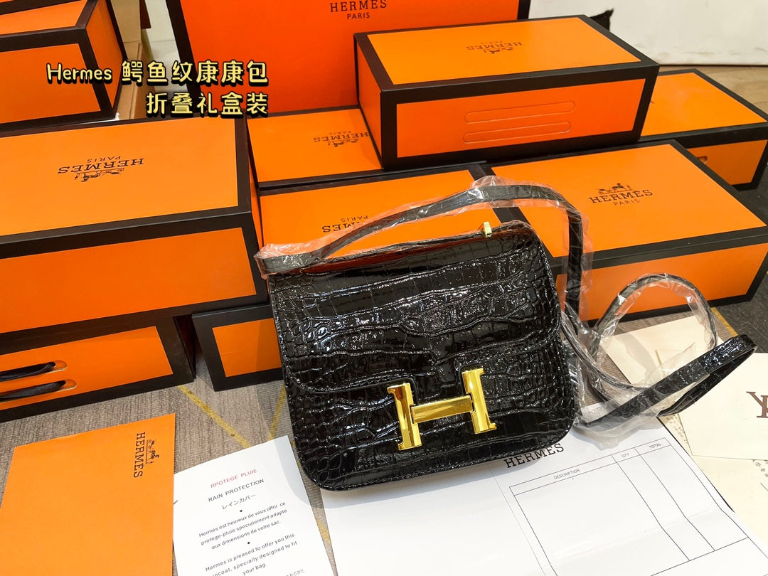 Crocodile-print Hermès Constace Concan bag.