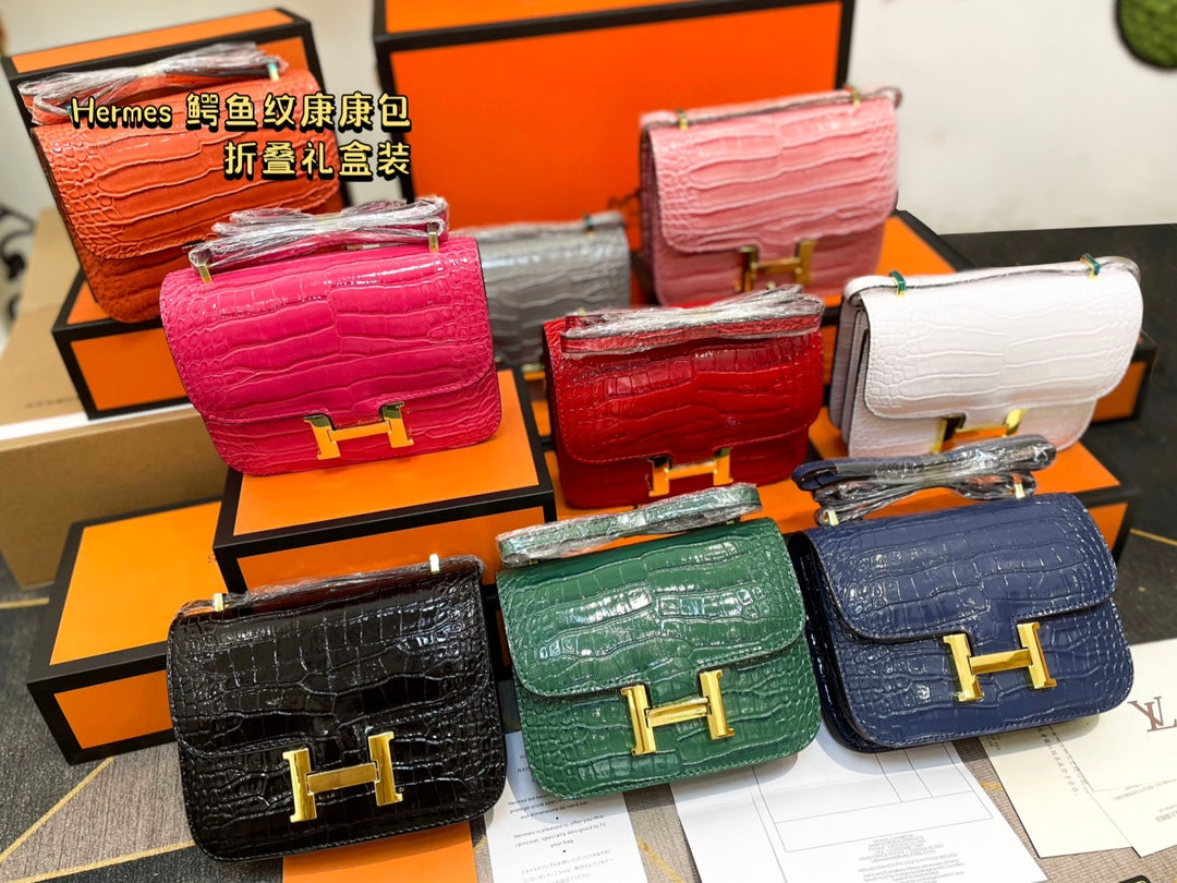 Crocodile-print Hermès Constace Concan bag.