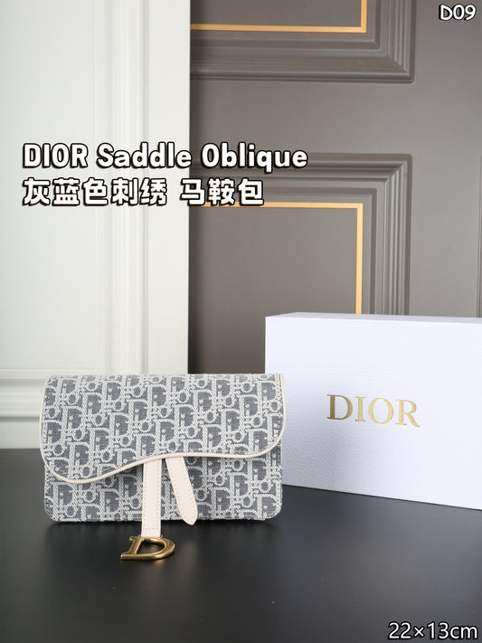 DIOR Saddle Collection Oblique Grey-Blue Embroidery Bag