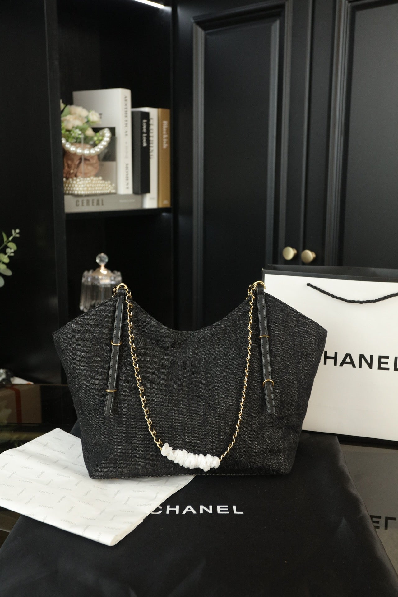 CHANEL Denim New Runway-Style Chain Tote Bag