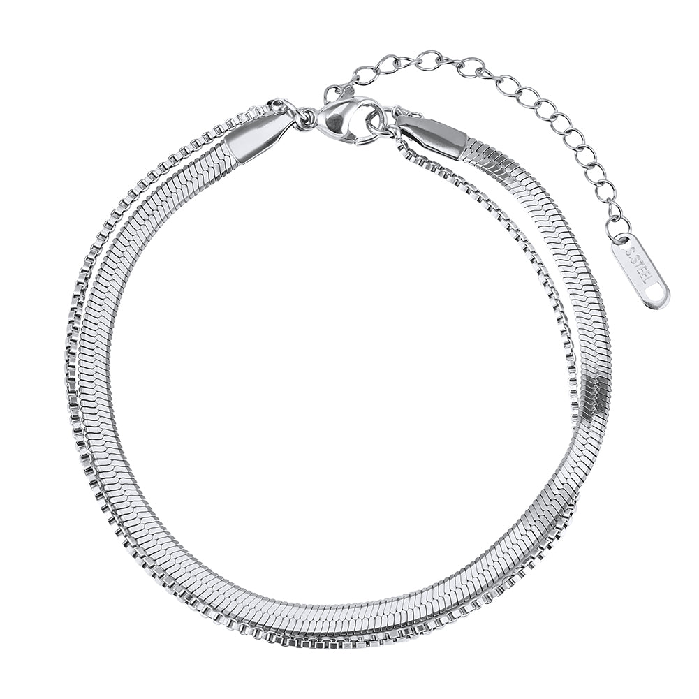 Tobillera de cadena líquida "Serpiente" con cubo geométrico de doble capa, resistente al deslustre, minimalista