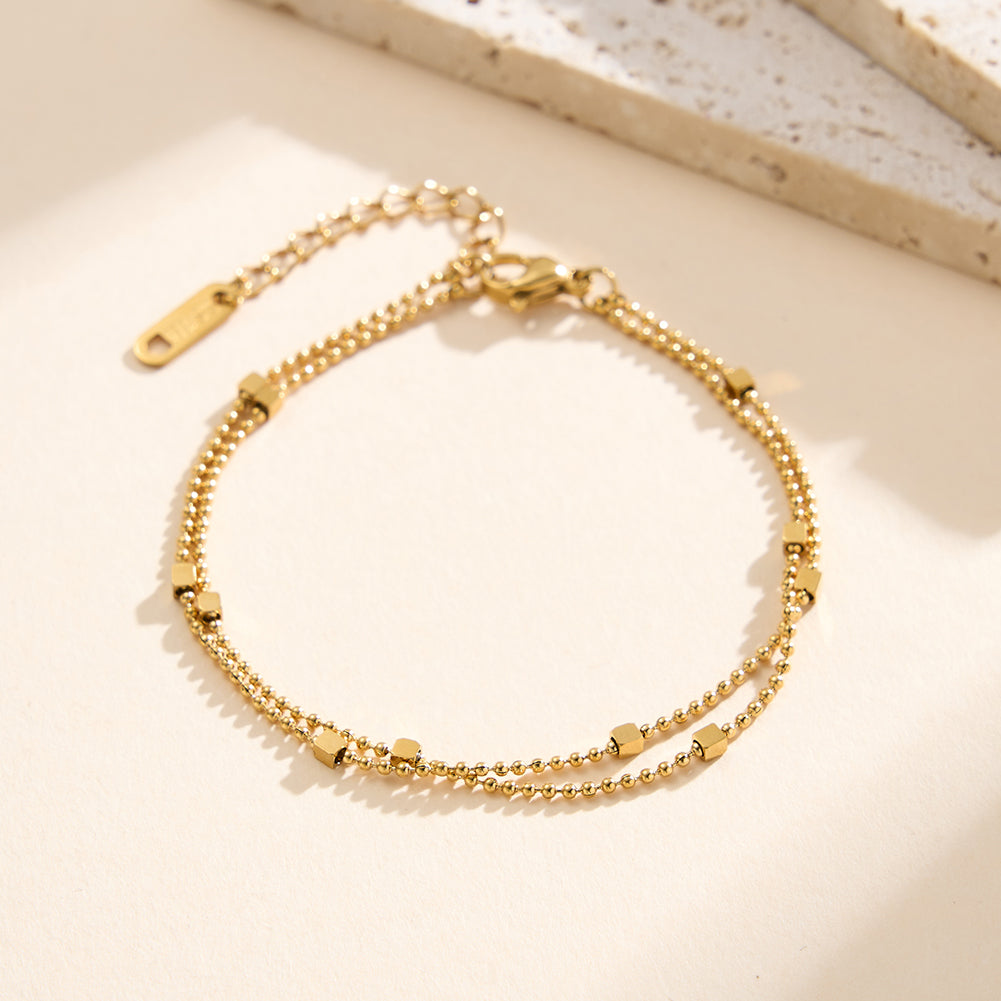 Elegant Double-Layer Cube Bead Chain Bracelet in 14K Gold & Silver