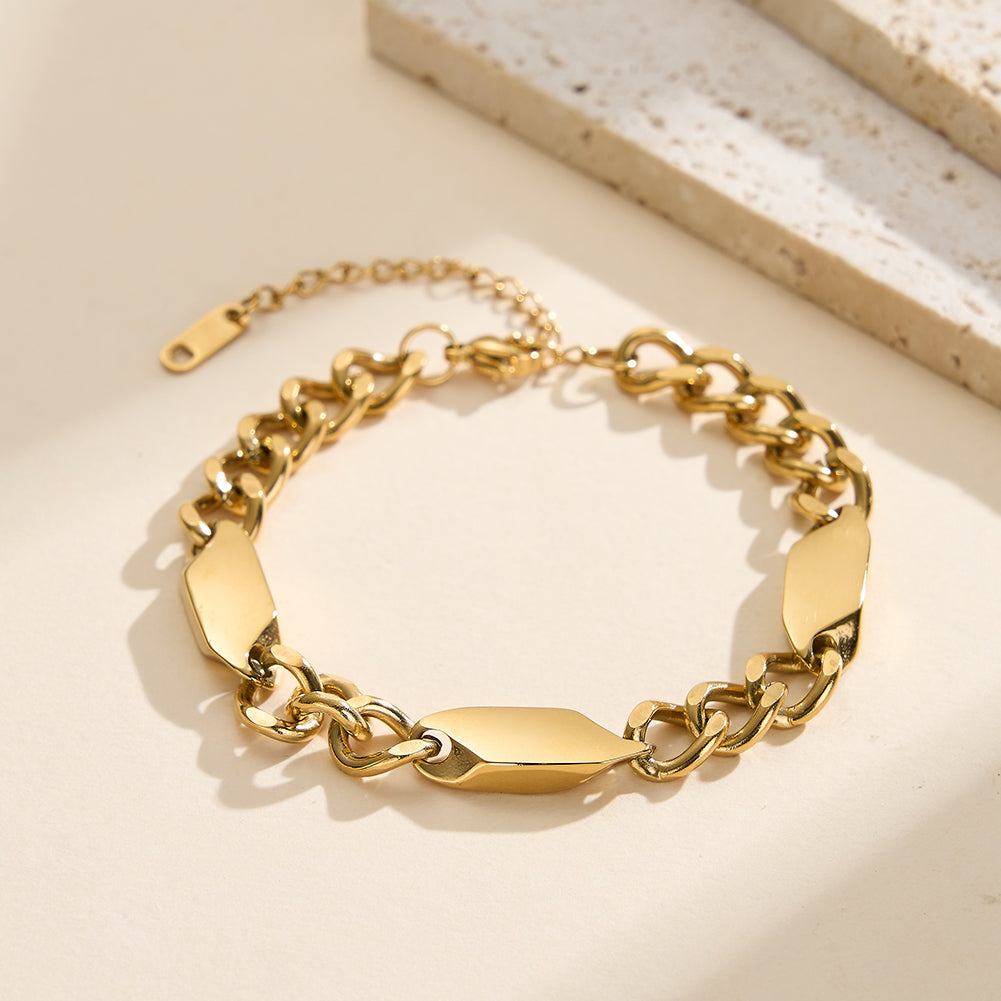 Geometric Hexagon Plate Cuban Link Chain Bracelet in 14K Gold Plated