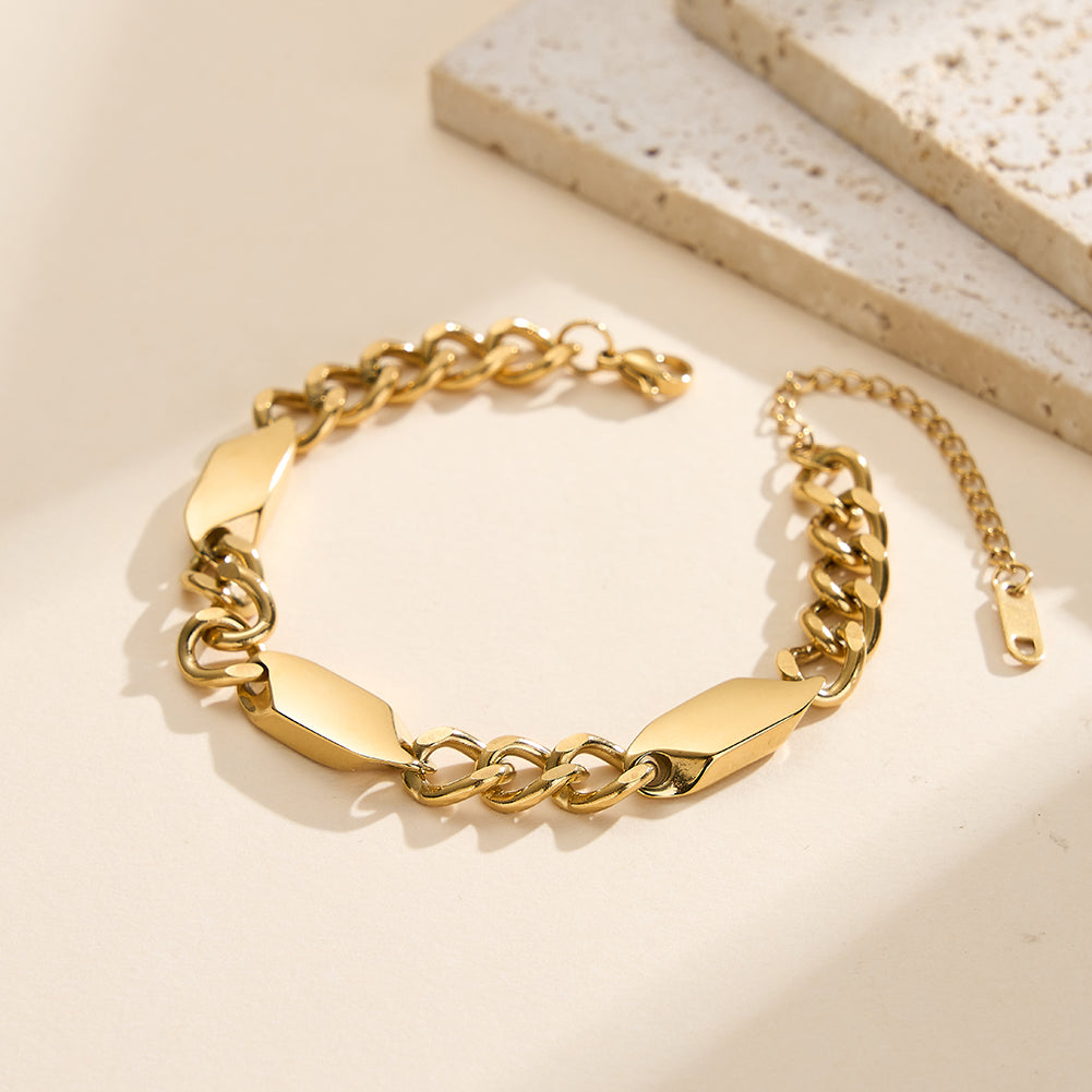 Geometric Hexagon Plate Cuban Link Chain Bracelet in 14K Gold Plated