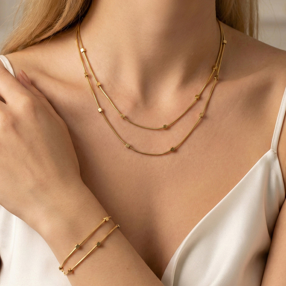 Dainty Waterproof Minimalist Tarnish-Resistant Double-Layer Geometric Cube Snake Chain Bracelet