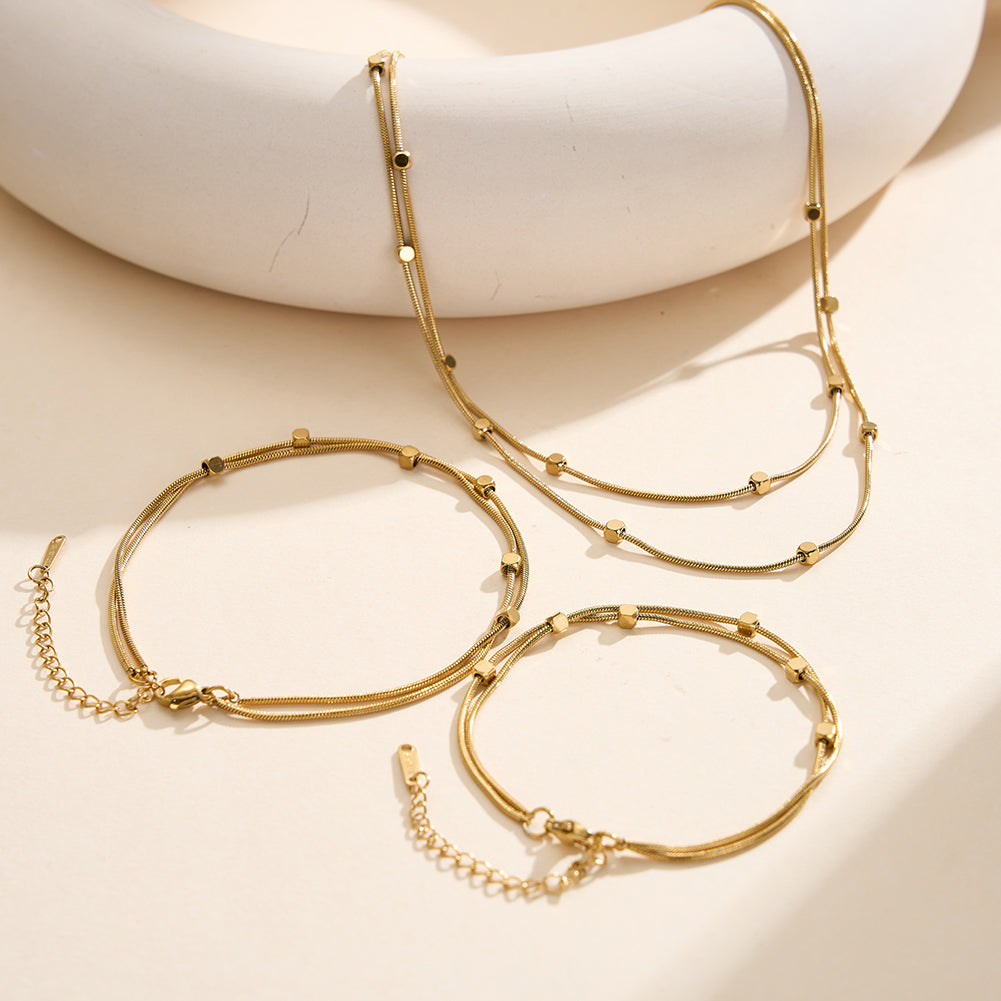 Dainty Waterproof Minimalist Tarnish-Resistant Double-Layer Geometric Cube Snake Chain Bracelet