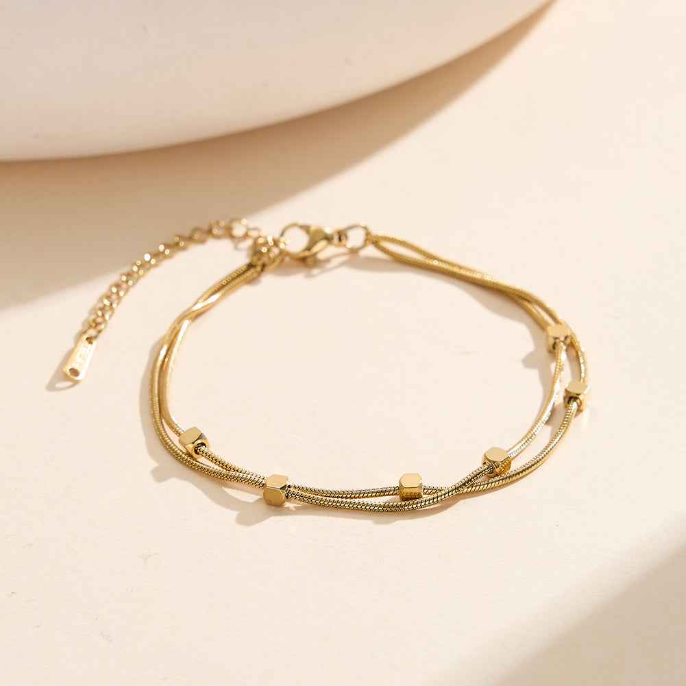 Dainty Waterproof Minimalist Tarnish-Resistant Double-Layer Geometric Cube Snake Chain Bracelet