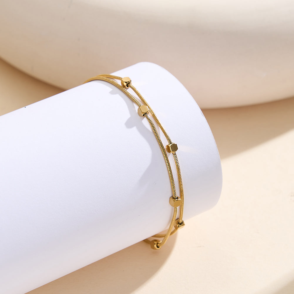Dainty Waterproof Minimalist Tarnish-Resistant Double-Layer Geometric Cube Snake Chain Bracelet
