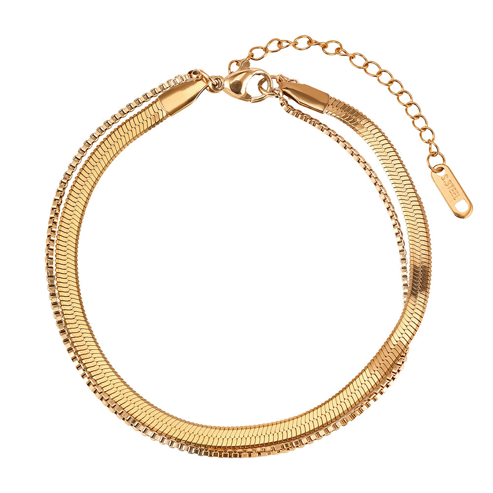 Liquid Gold Silhouette Sleek Minimalist Tarnish-Resistant Double-Layer Fluid Herringbone Chain Bracelet