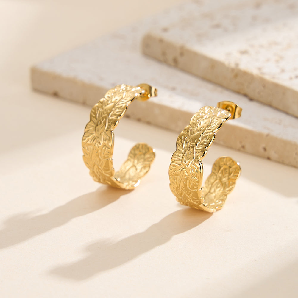 Aura Laurel // Embossed Leaf Textured C-Hoop Earrings