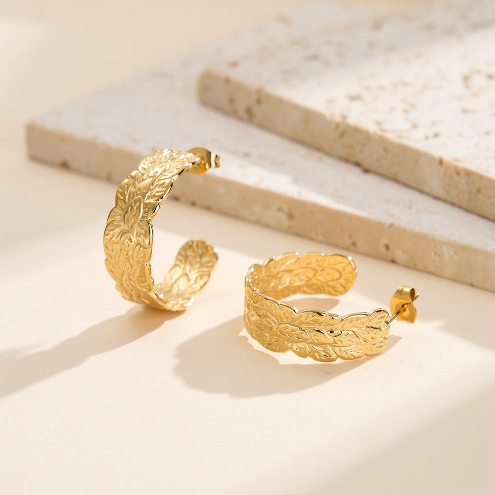 Aura Laurel // Embossed Leaf Textured C-Hoop Earrings