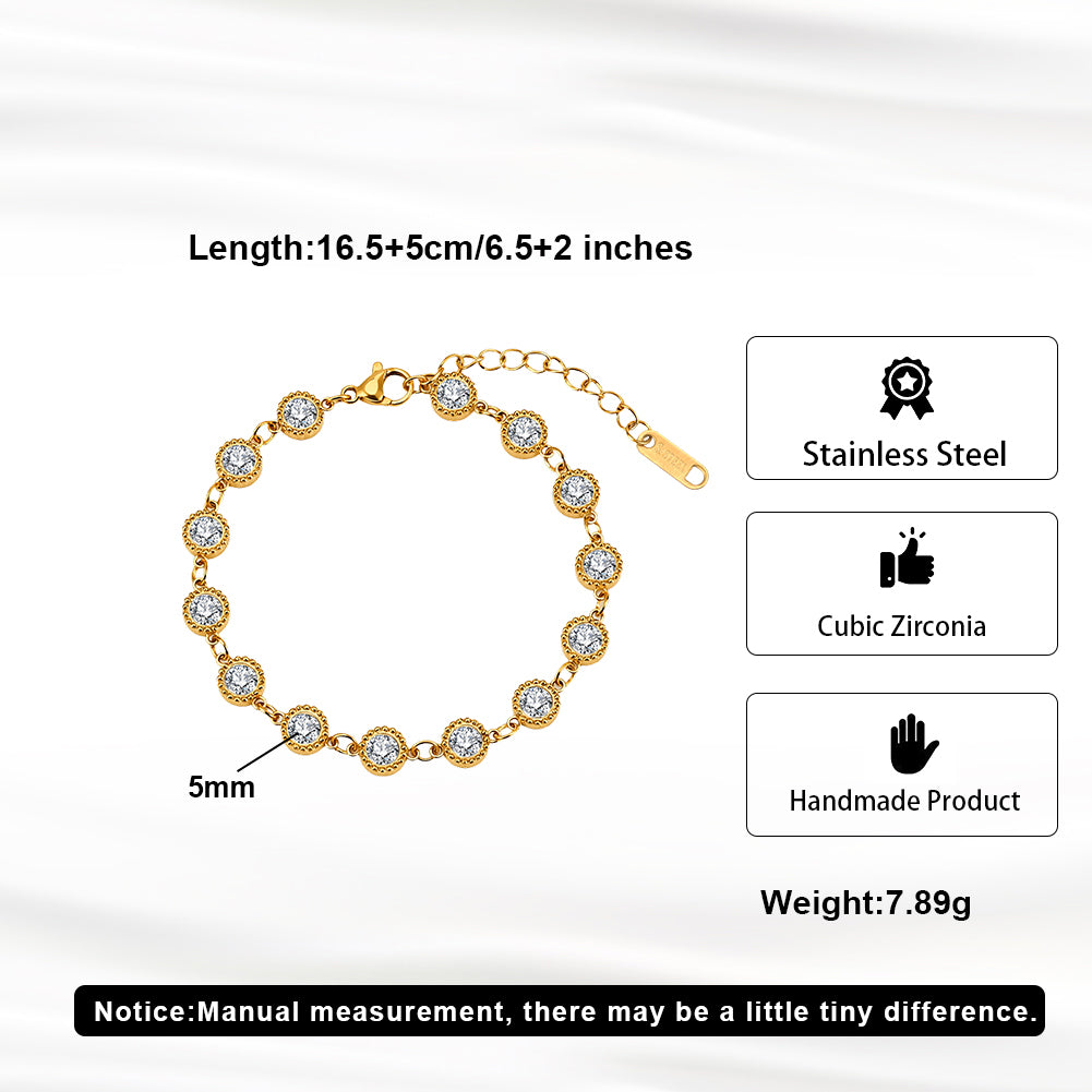 Vintage Bezel CZ Crystal Tennis Chain Bracelet in 14K Gold & Silver