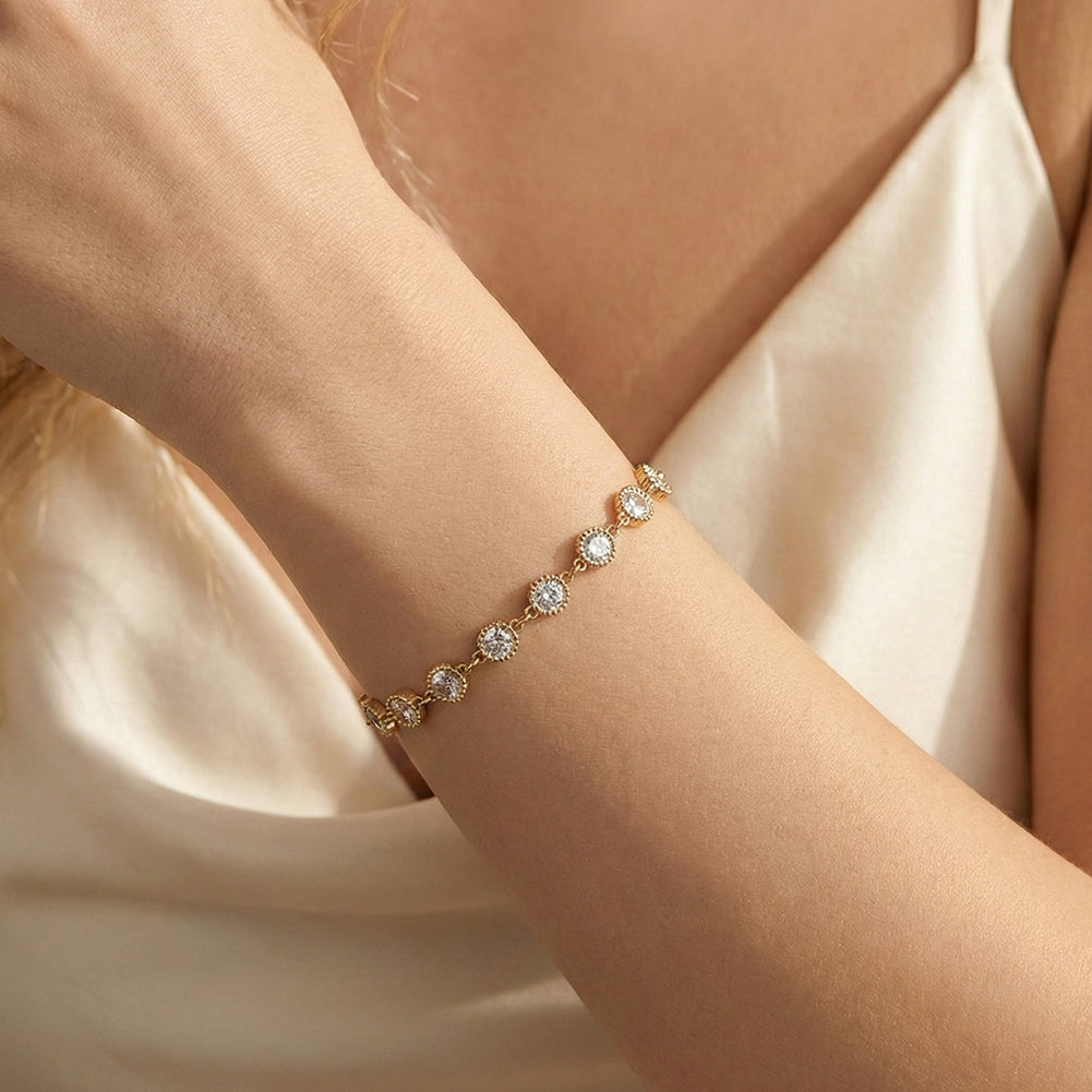 Vintage Bezel CZ Crystal Tennis Chain Bracelet in 14K Gold & Silver
