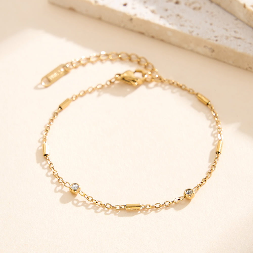 Dainty Cylindrical Bar & Bezel CZ Station Chain Bracelet in 14K Gold & Silver