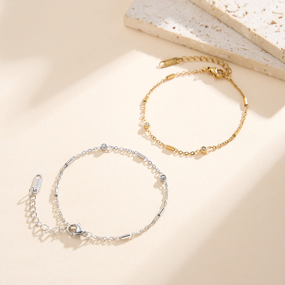 Dainty Cylindrical Bar & Bezel CZ Station Chain Bracelet in 14K Gold & Silver