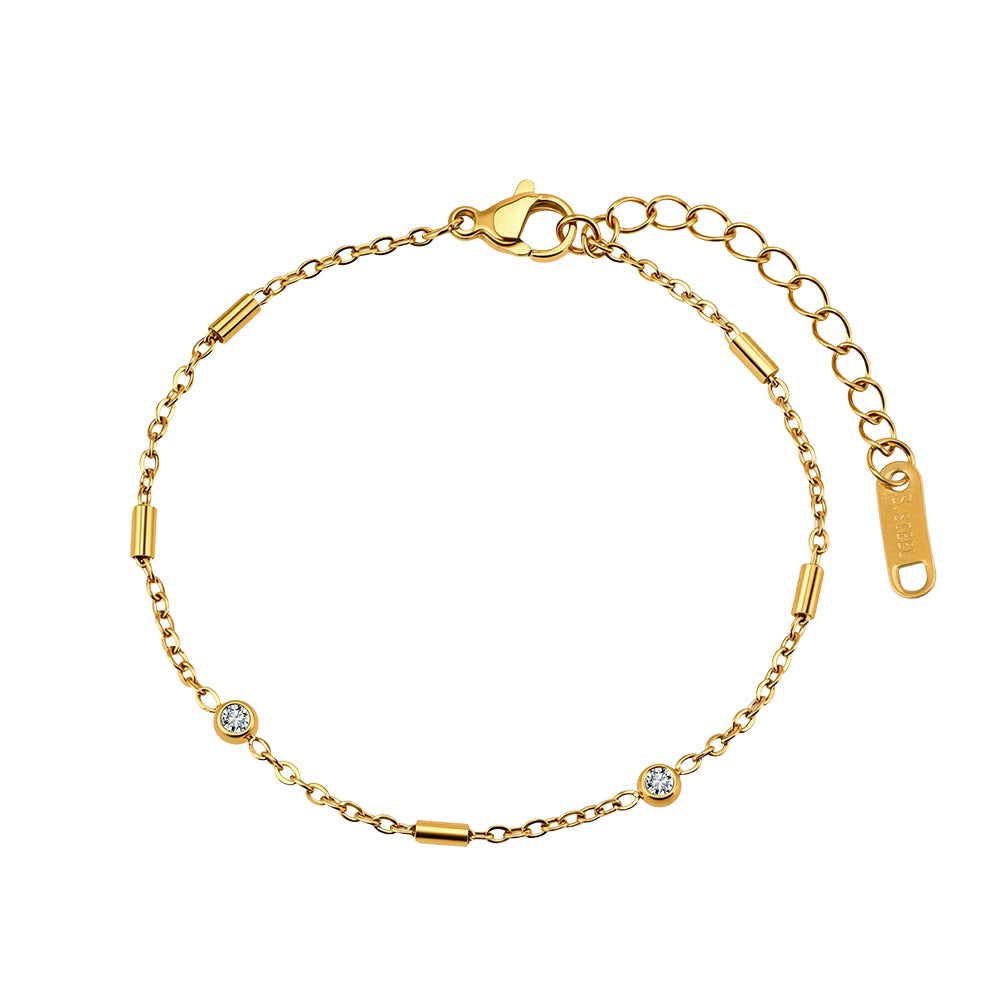 Dainty Cylindrical Bar & Bezel CZ Station Chain Bracelet in 14K Gold & Silver