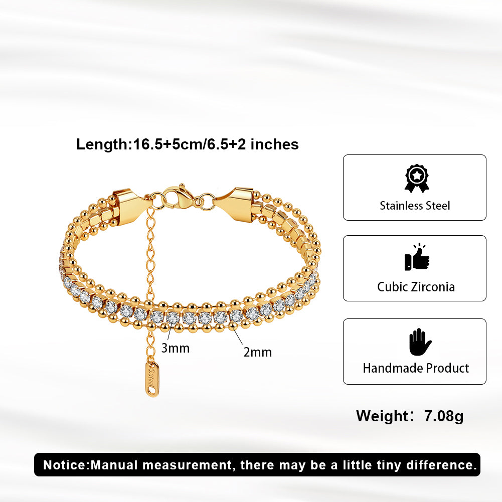Luxury Triple-Layer Tennis & Bead Chain Stacking Bracelet in 14K Gold & Silver