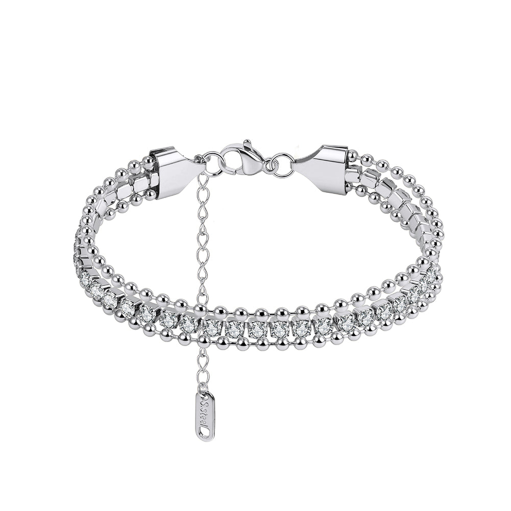 Luxury Triple-Layer Tennis & Bead Chain Stacking Bracelet in 14K Gold & Silver