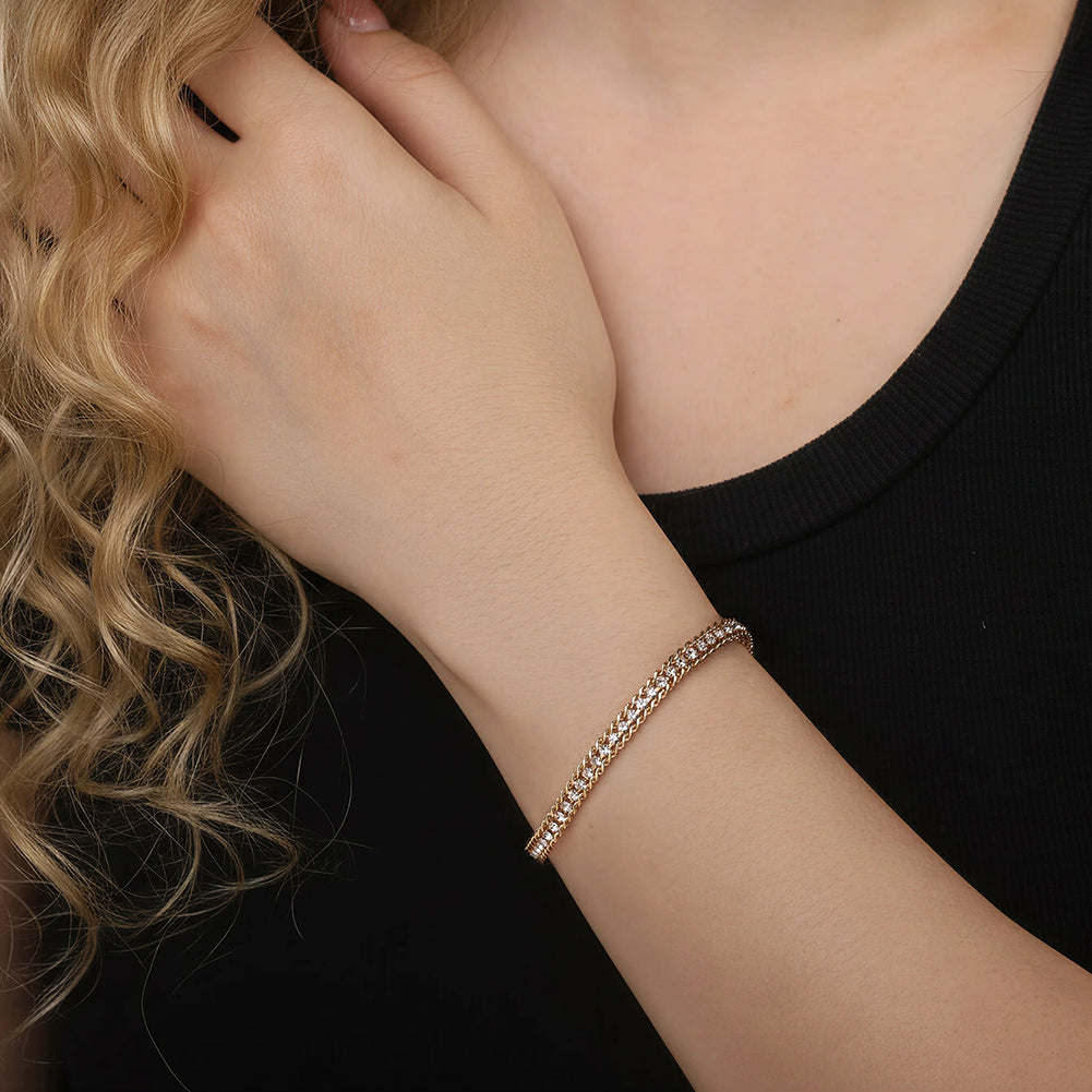Iced-Out Cuban Tennis Hybrid Chain Bracelet in 14K Gold & Silver