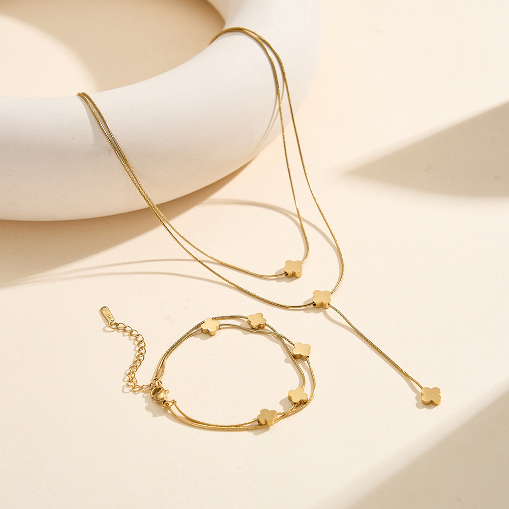 Aura Celestial // Double-Layer Snake Chain & Clover Bracelet