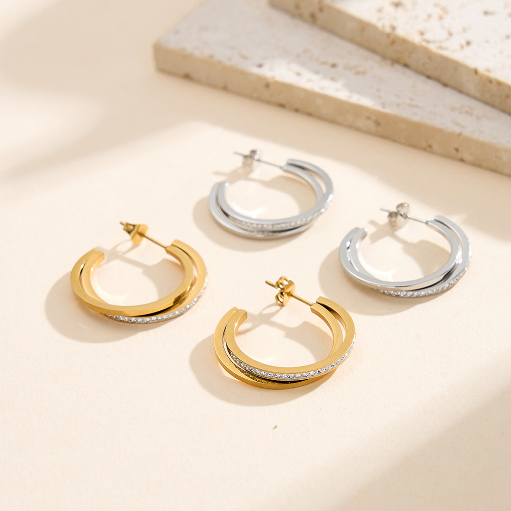 Elegant Interlocking Double Hoop Earrings with Pavé Crystals