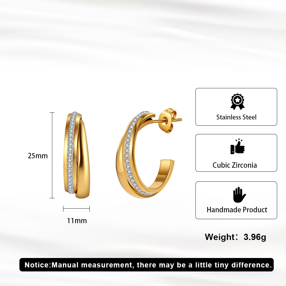 Modernist Triple-Band Layered Half-Hoop Earrings with Pavé Crystals