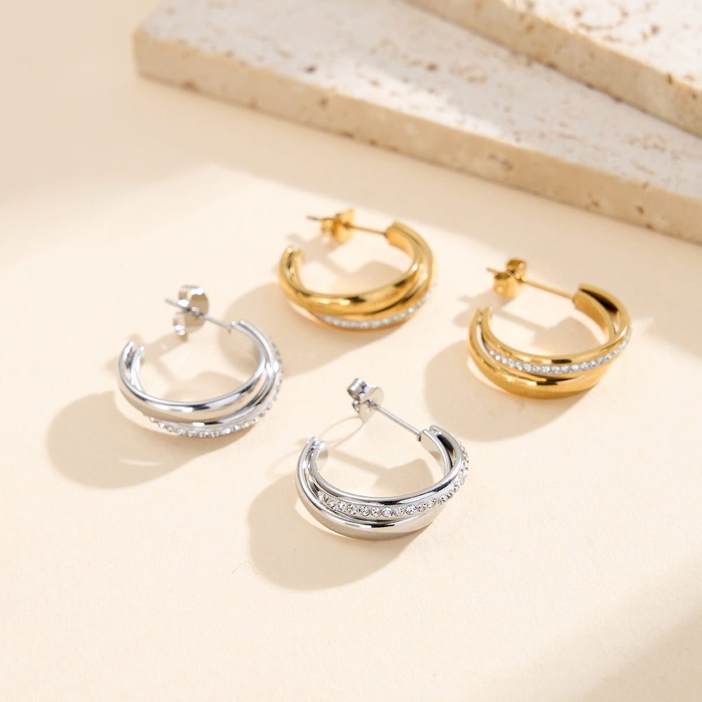 Modernist Triple-Band Layered Half-Hoop Earrings with Pavé Crystals