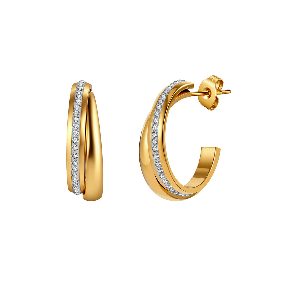 Modernist Triple-Band Layered Half-Hoop Earrings with Pavé Crystals