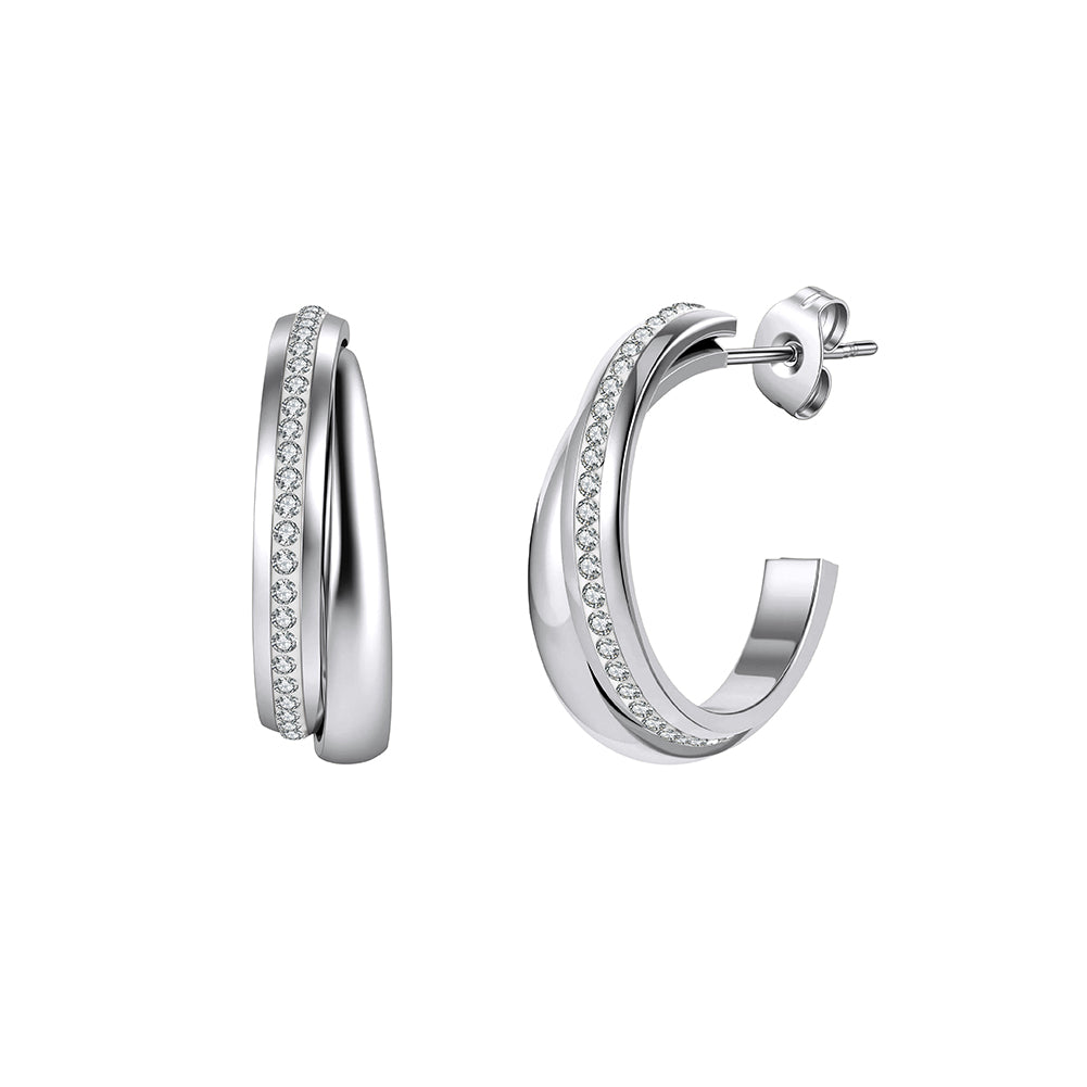 Modernist Triple-Band Layered Half-Hoop Earrings with Pavé Crystals