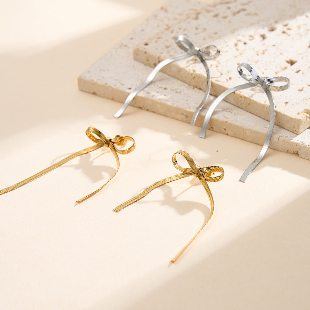 Coquette Ribbon Bow Knot Snake Chain Drop Earrings