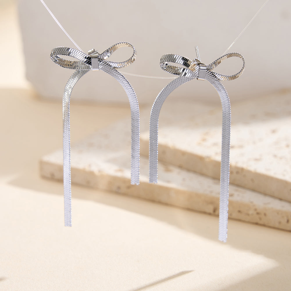 Coquette Ribbon Bow Knot Snake Chain Drop Earrings