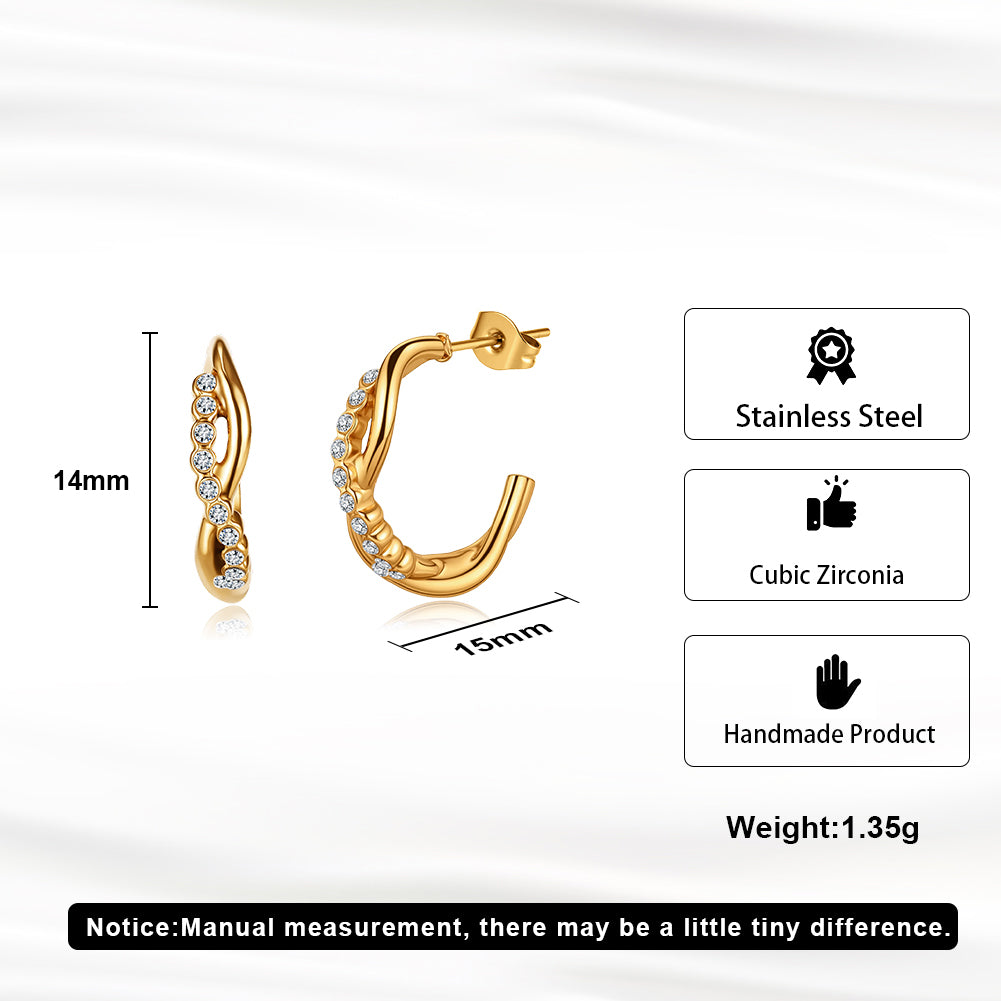 Modernist Twisted Wave Layered Half-Hoop Earrings with Pavé Crystals