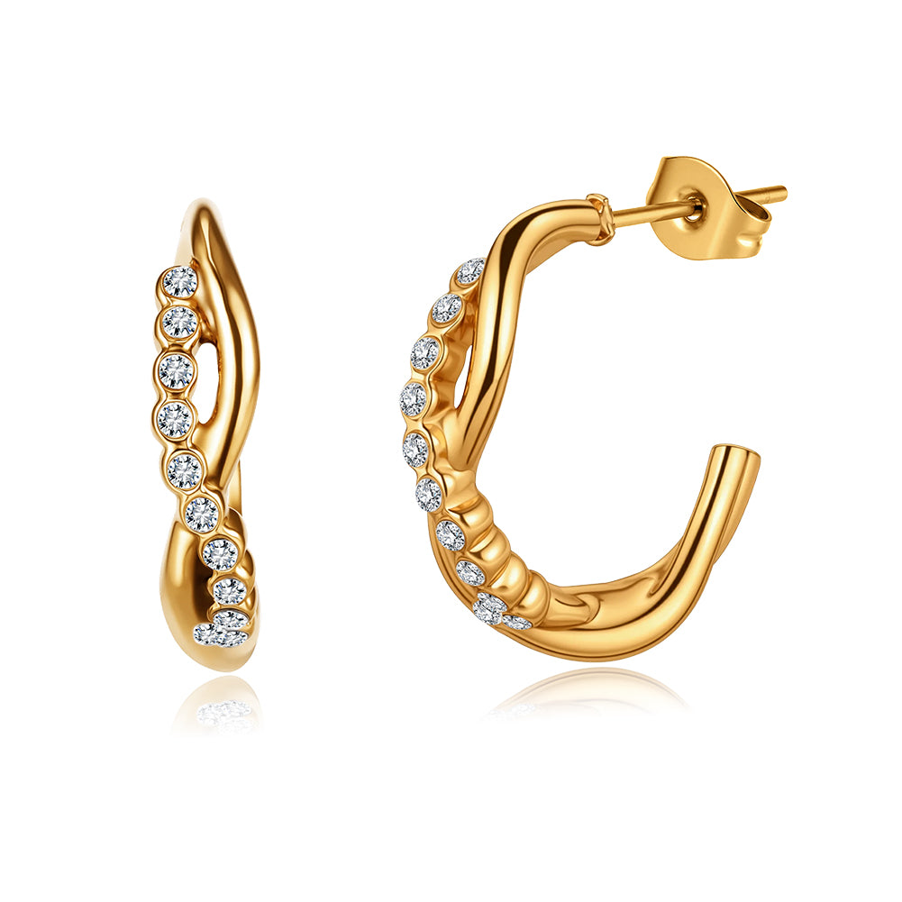 Modernist Twisted Wave Layered Half-Hoop Earrings with Pavé Crystals