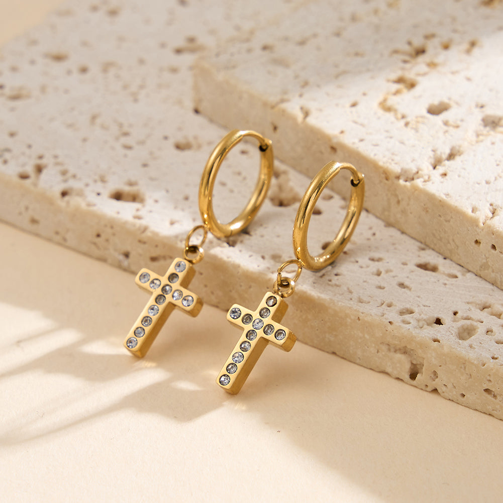 Gothic Minimalist Crystal Cross Drop Hoop Earrings