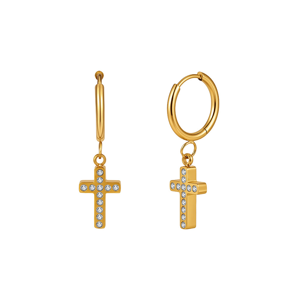 Gothic Minimalist Crystal Cross Drop Hoop Earrings