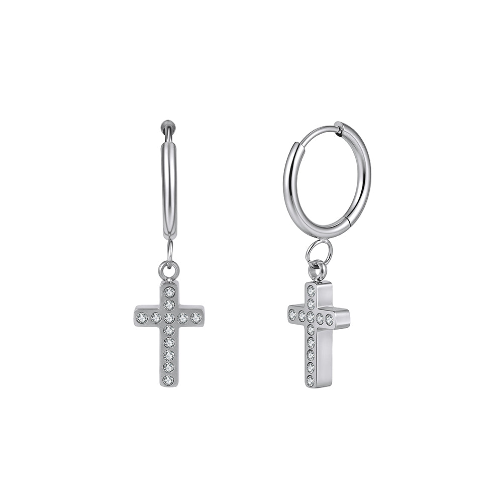 Gothic Minimalist Crystal Cross Drop Hoop Earrings