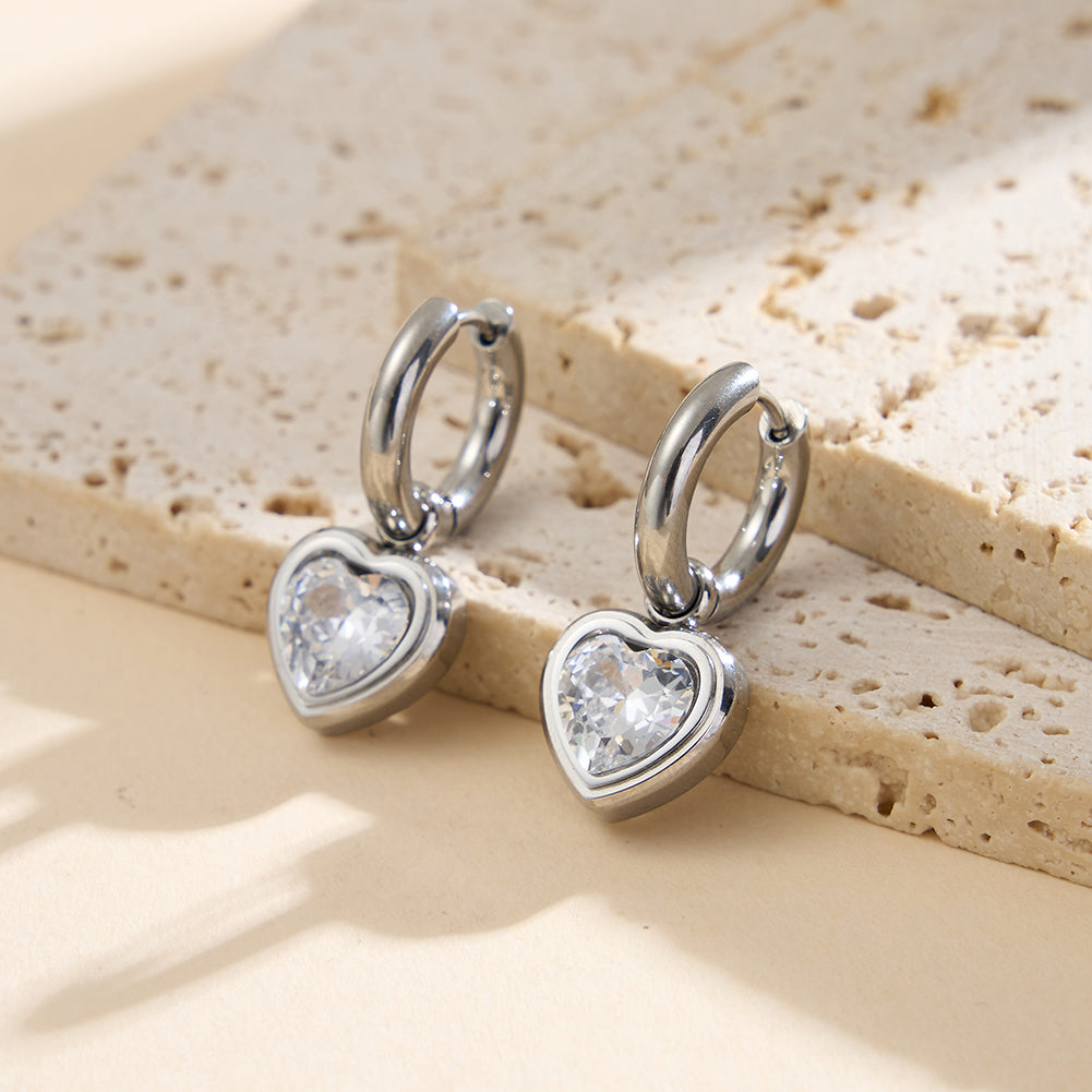 Romantic Bezel Heart Crystal Drop Huggie Earrings