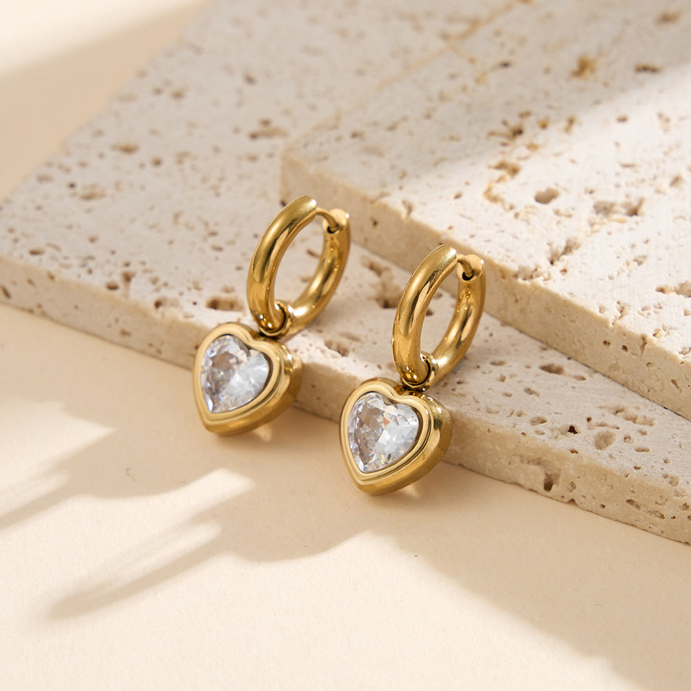 Romantic Bezel Heart Crystal Drop Huggie Earrings