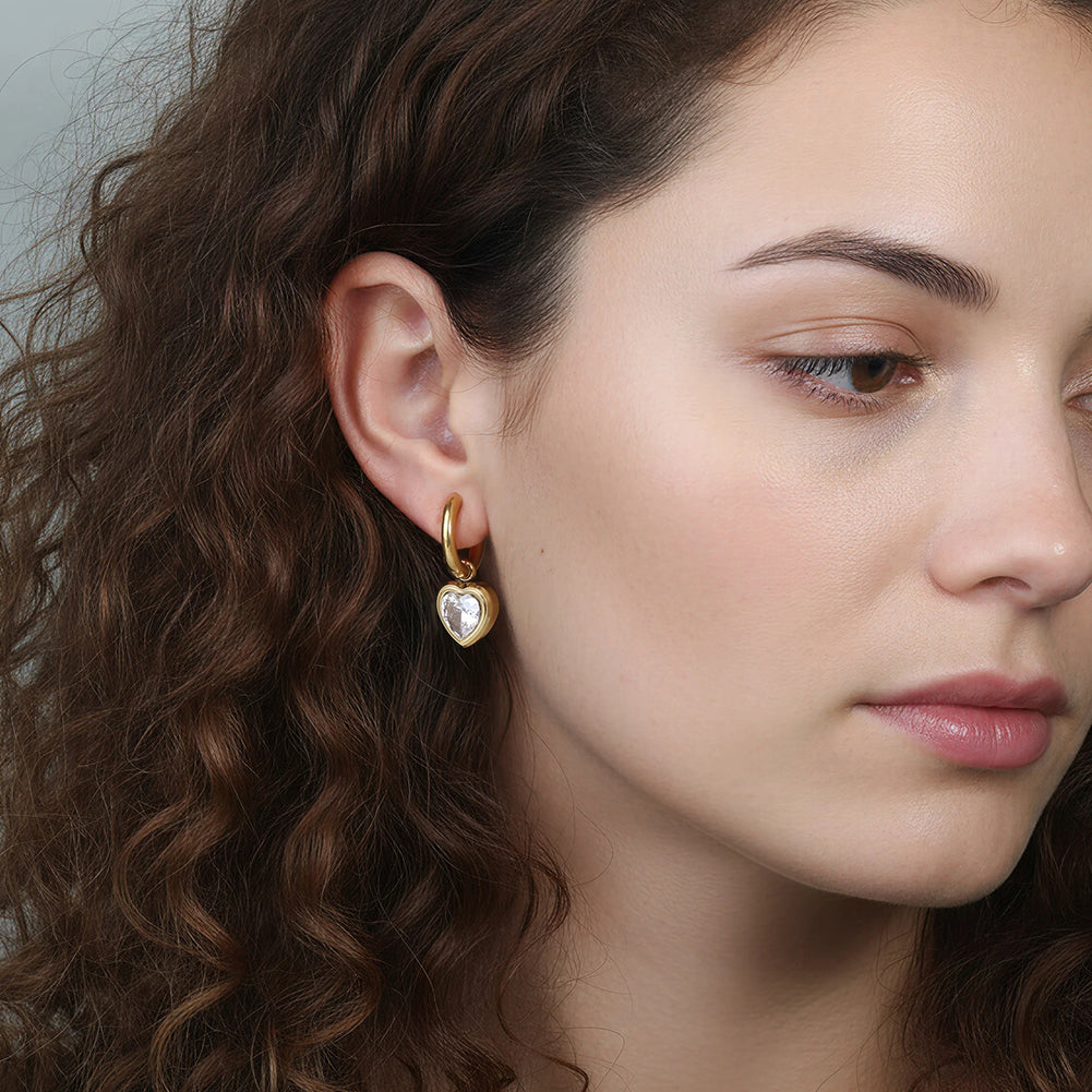 Romantic Bezel Heart Crystal Drop Huggie Earrings