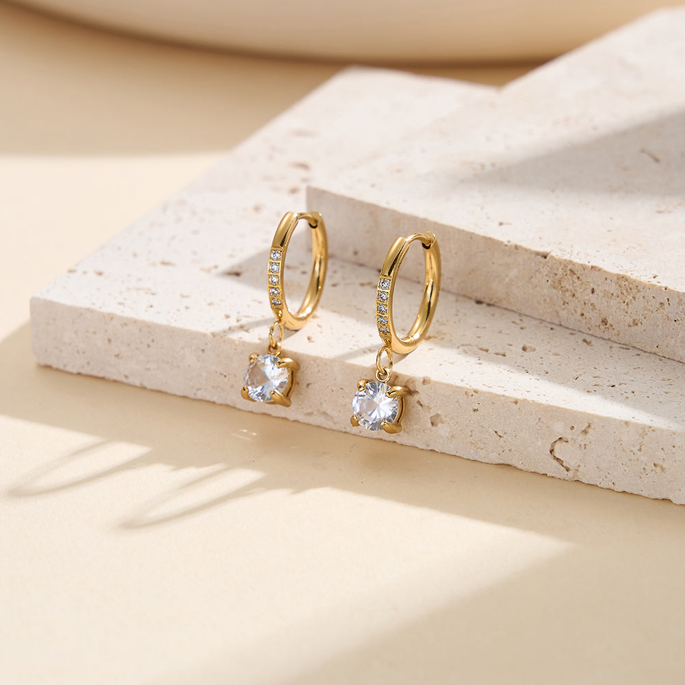 Velvet Rhythm // Pave CZ Huggie Hoop Solitaire Drop Earrings