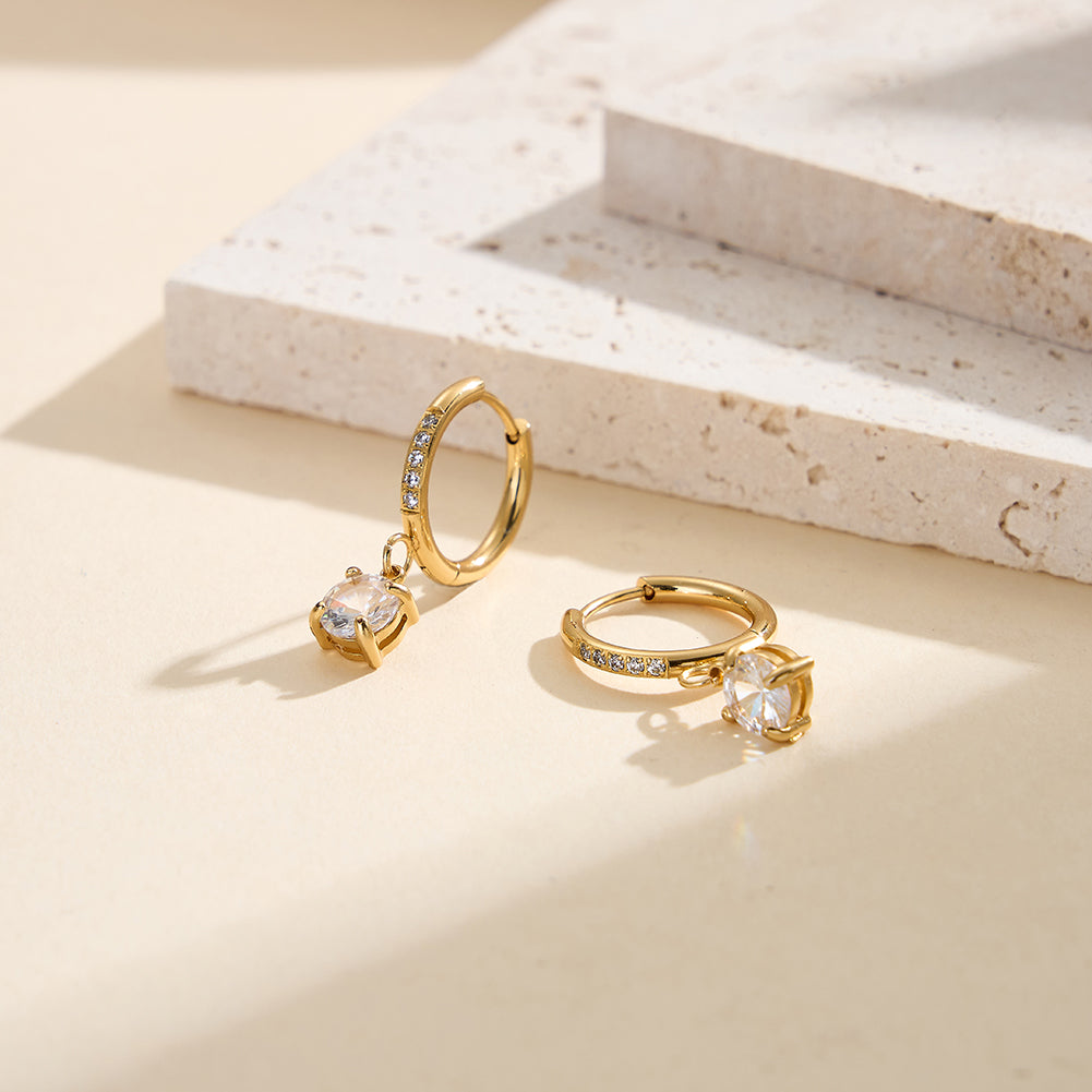 Velvet Rhythm // Pave CZ Huggie Hoop Solitaire Drop Earrings