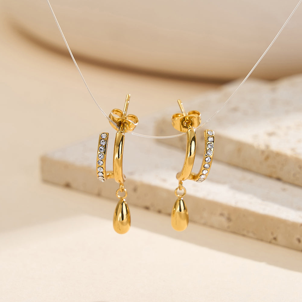 Velvet Rhythm // Layered U-Shape Pave CZ & Waterdrop Earrings