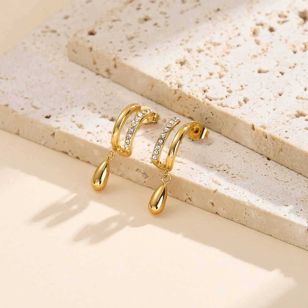 Velvet Rhythm // Layered U-Shape Pave CZ & Waterdrop Earrings