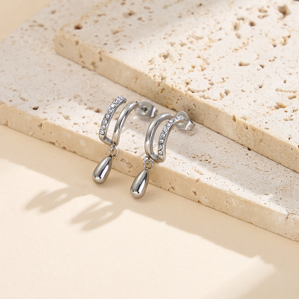 Velvet Rhythm // Layered U-Shape Pave CZ & Waterdrop Earrings