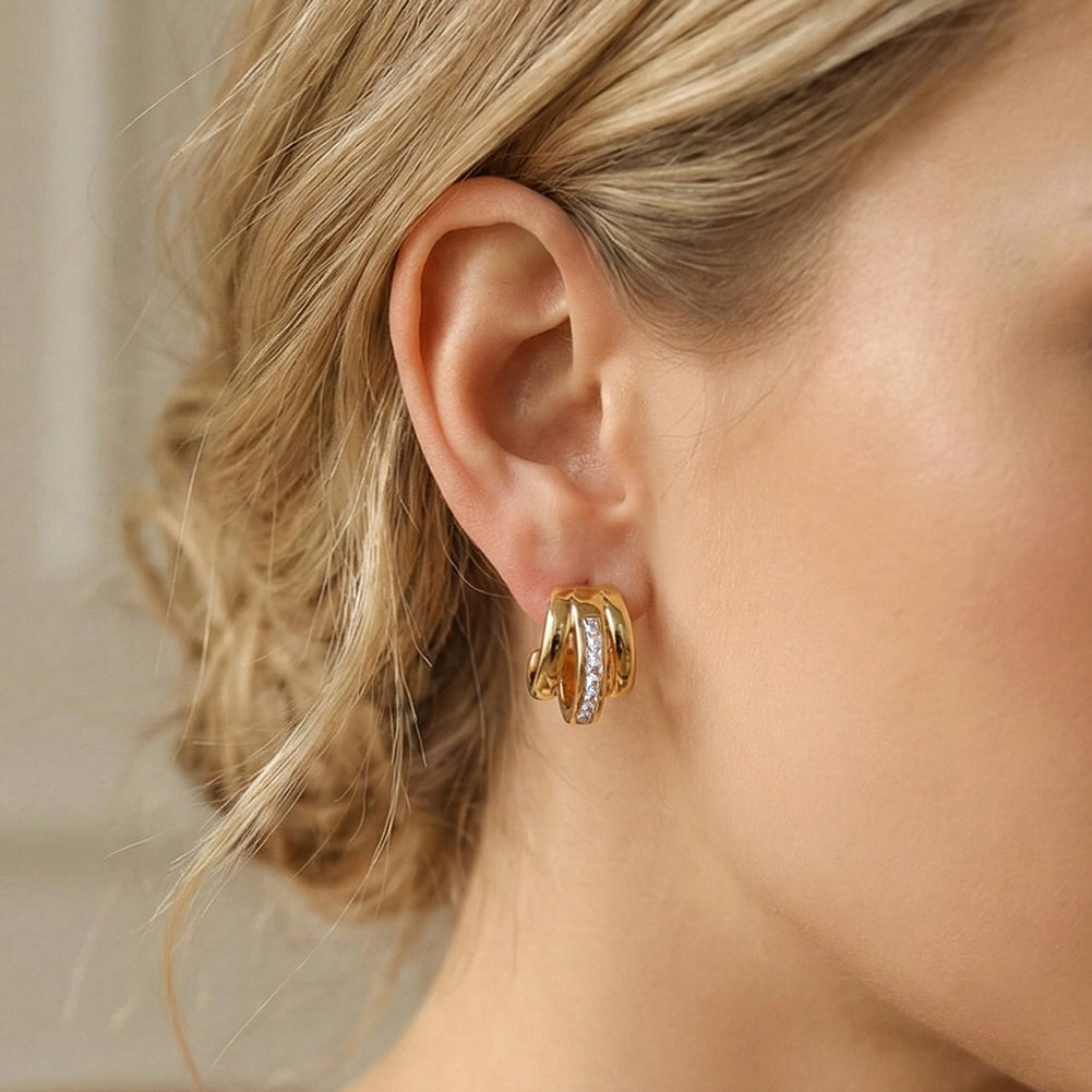 Velvet Rhythm // Chunky Triple-Row Pave CZ C-Hoop Earrings