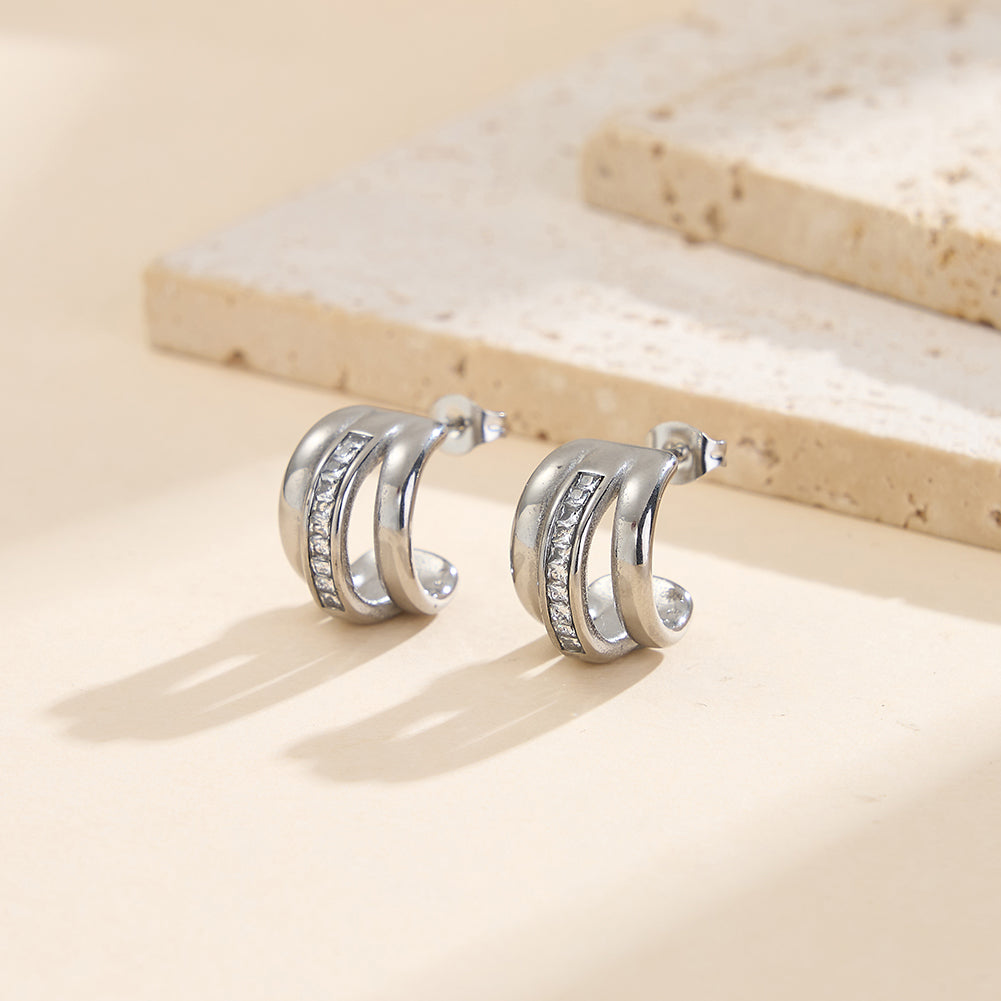 Velvet Rhythm // Chunky Triple-Row Pave CZ C-Hoop Earrings