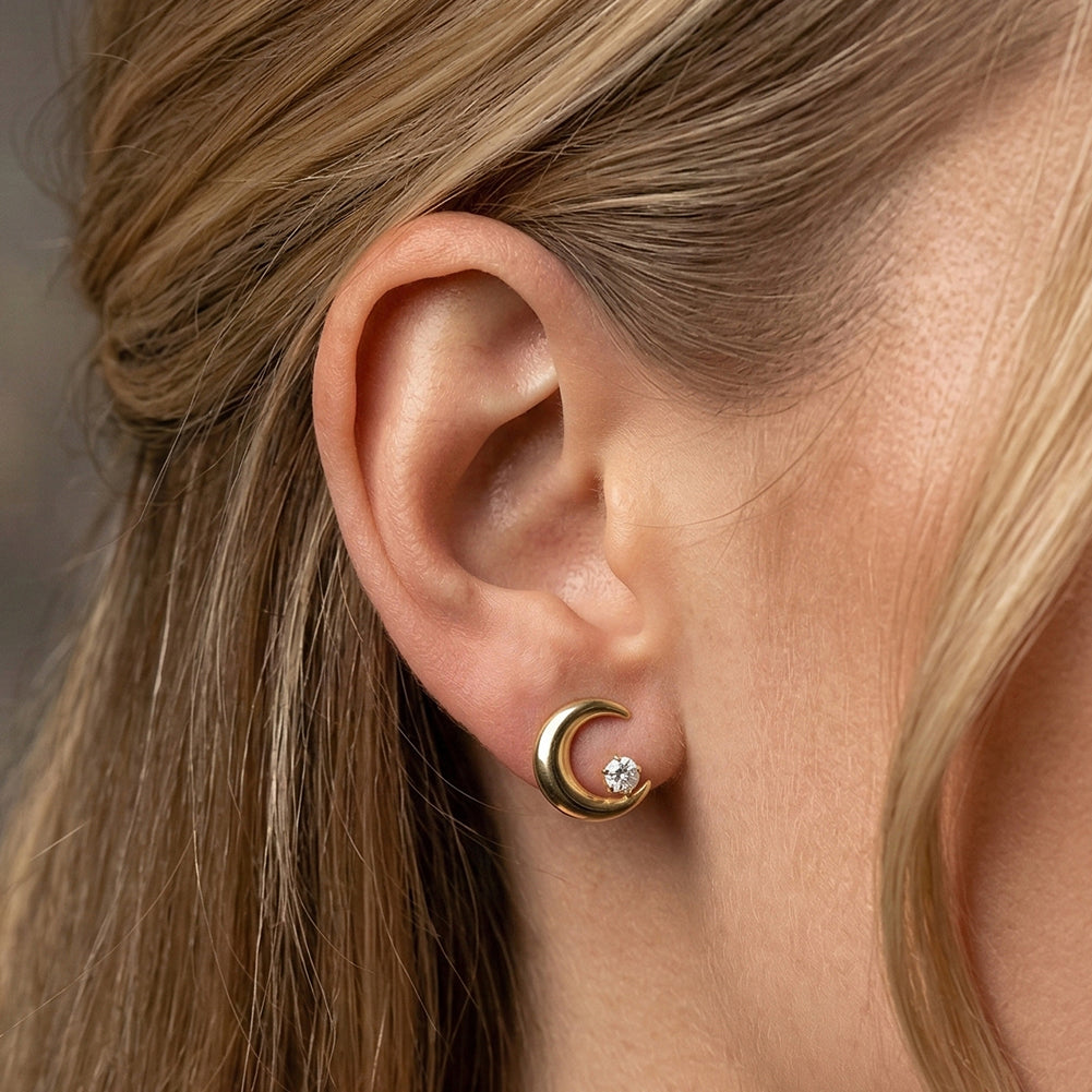 Aura Celestial // Sculptural Crescent Moon CZ Stud Earrings