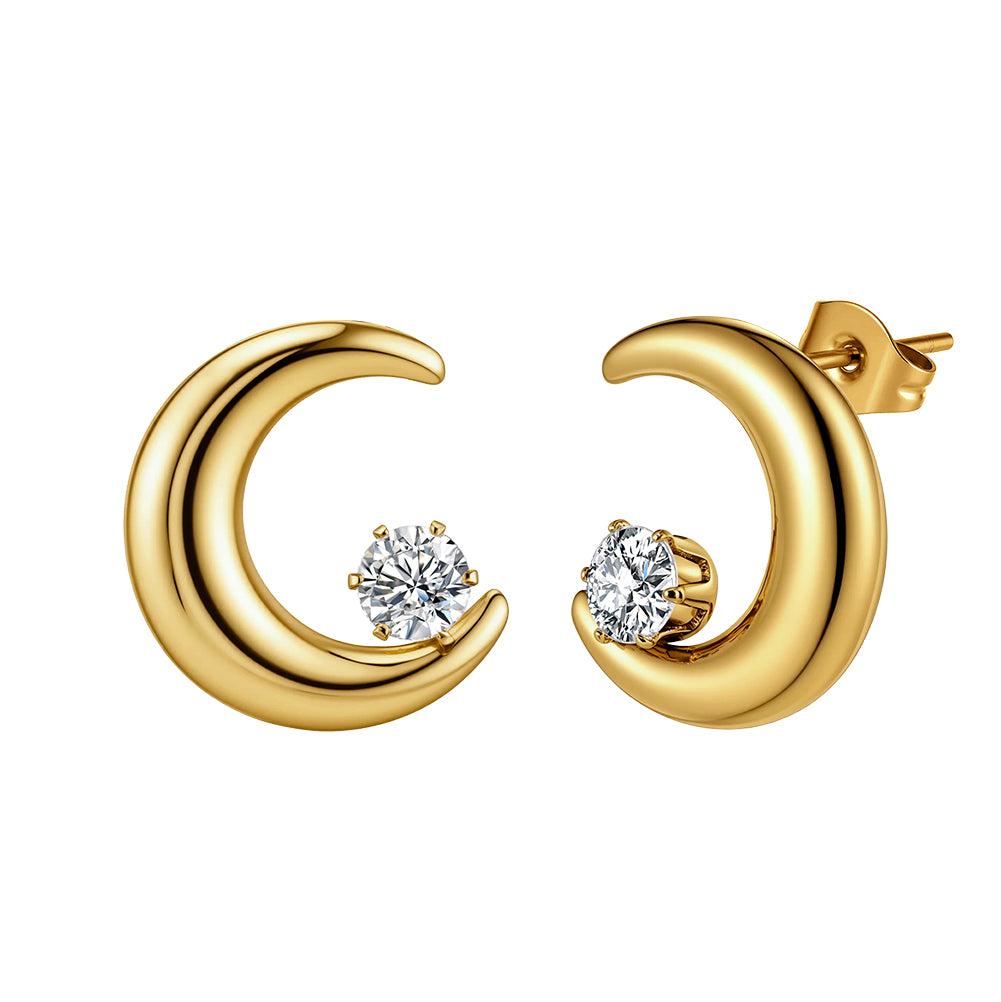 Aura Celestial // Sculptural Crescent Moon CZ Stud Earrings