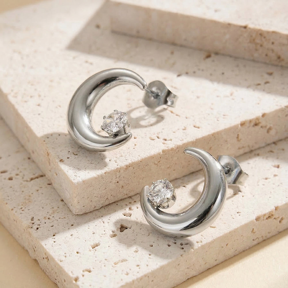 Aura Celestial // Sculptural Crescent Moon CZ Stud Earrings