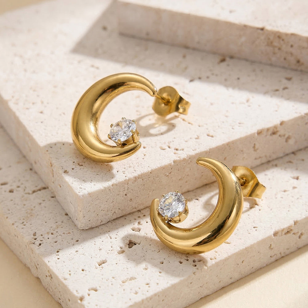 Aura Celestial // Sculptural Crescent Moon CZ Stud Earrings